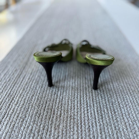 Vintage Nine West Lime Green Satin Rhinestone Buckle Kitten Heels Mules Slides 7 - Picture 5 of 11